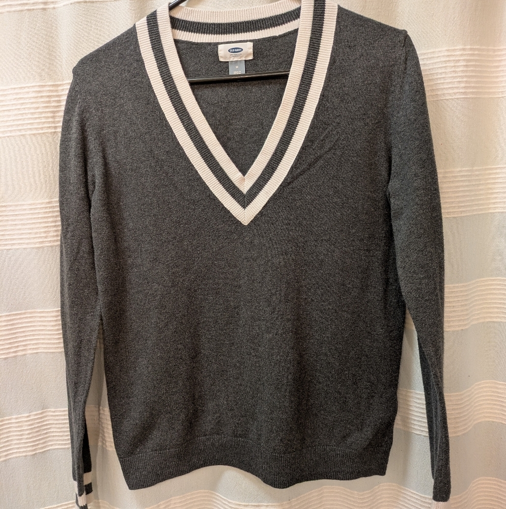 Old Navy Charcoal V-Neck Sweater with Cream Trim